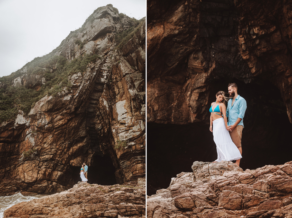 ensaio de pre casamento com fotos romanticas na praia  fotos na gruta da ilha do mel 