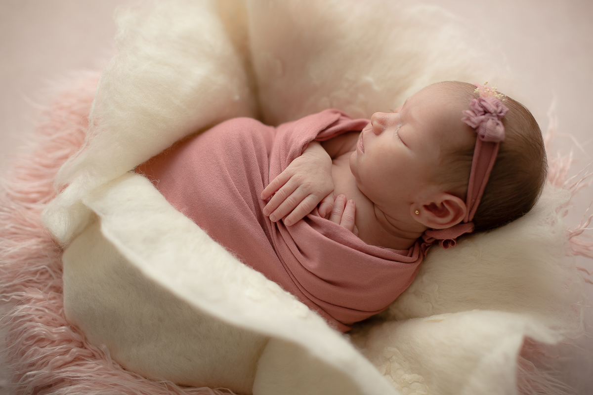  Foto feita no estúdio Gustavo Sousa Newborn em Curitiba. Book do Maria Helena. Sessão de fotos. Pose dentro do casulo de pêlo rosa e pelogo bege. Fundo fotográfico rosa. 