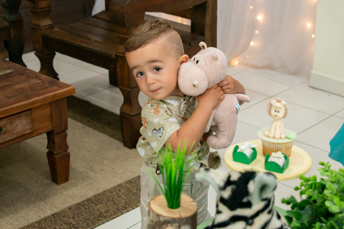 Menino de 2 anos encantado com a decoração de Safari