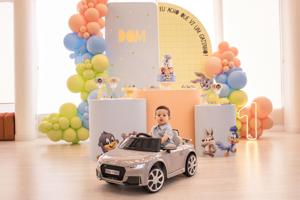 Festa de aniversário infantil
decoração looney tunes baby
Criança com carrinho elétrico em frente à decoração