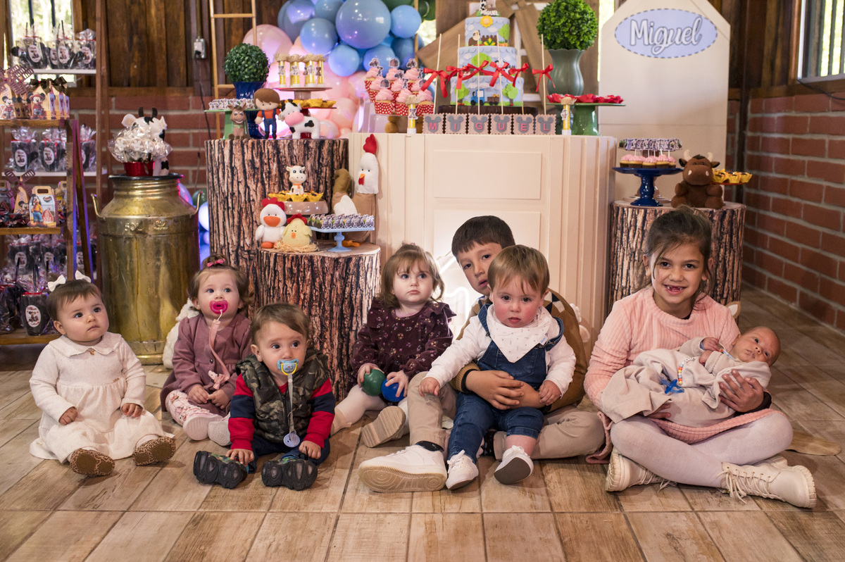 festa de aniversário infantil, foto com as crianças em frente à decoração da fazendinha - simtri - triunfo rs