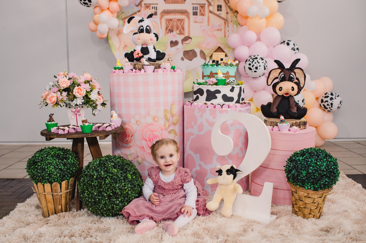 Festa de aniversário infantil em Brochier, fotógrafa Claudia Wallauer, criança da decoração de fazendinha rosa