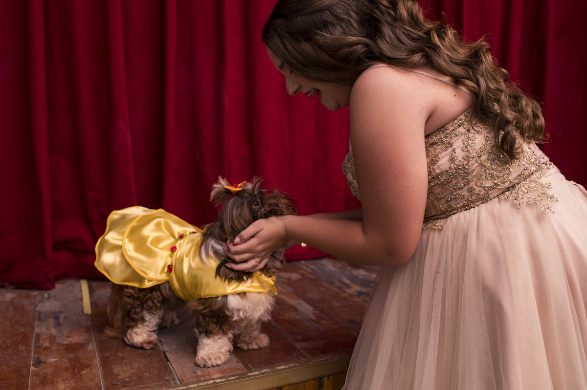 Ensaio pré 15 no Castelo, A Bela e a Fera, cachorrinha vestida de Bela 