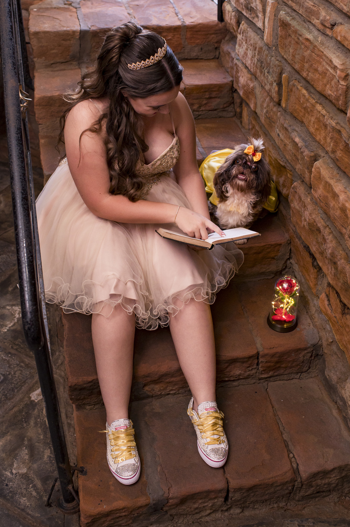 Ensaio pré 15 no Castelo, A Bela e a Fera, debutante lendo livro para a cachorrinha