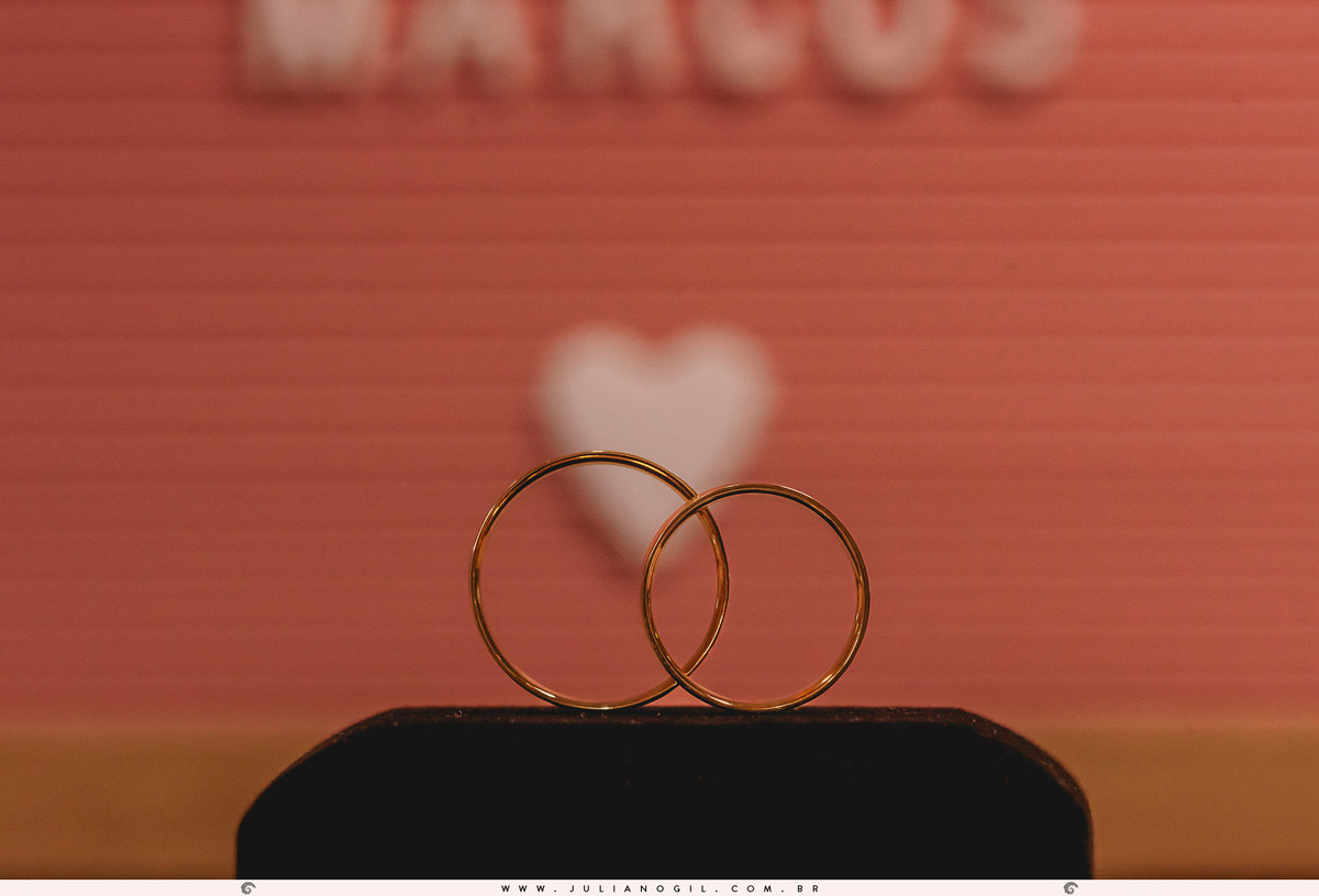 alianças do casal sobre a caixinha, ao fundo quadro com nomes do casal
