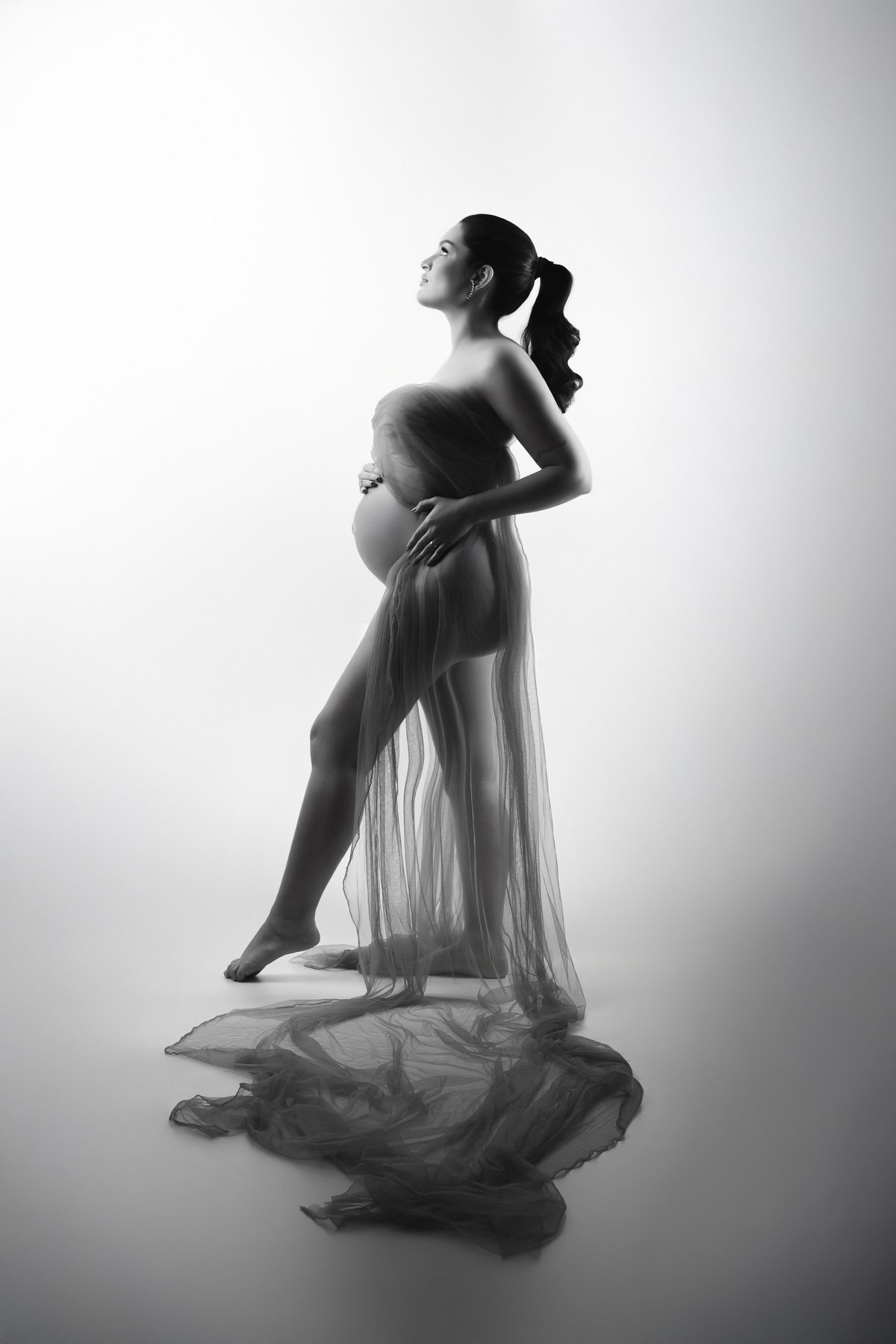 pose para gestante, fotografia de silhueta gestante, fotografia com tule gestante, pose com tecido ensaio gestante 