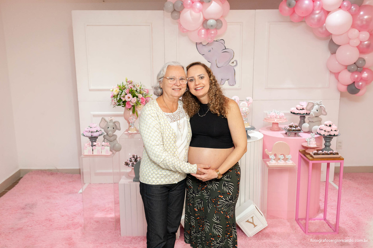 foto da gestante com a mãe na decoração de chá de fralda com tema dunbo baby na cor rosa