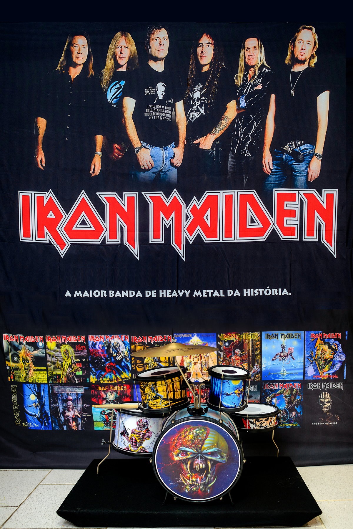 children's party photography print on fabric with iron maiden theme custom drums