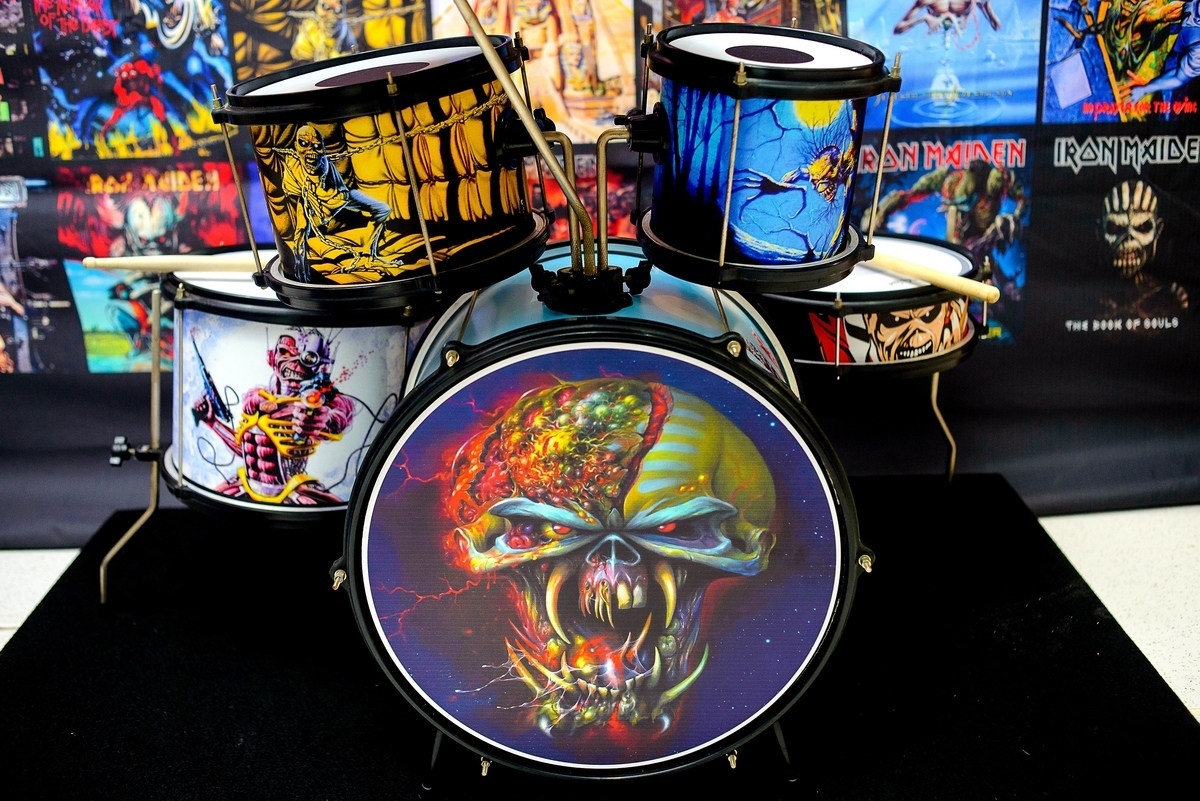 children's party photography print on fabric with iron maiden theme custom drums