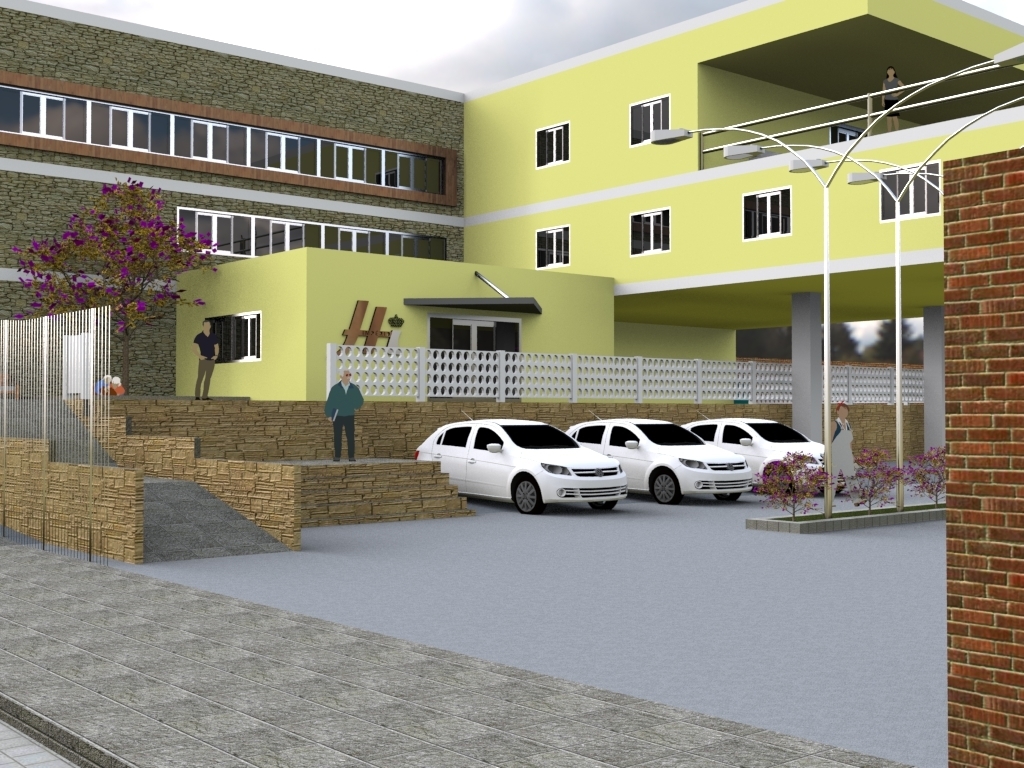 Perspectiva entrada do hostel + estacionamento