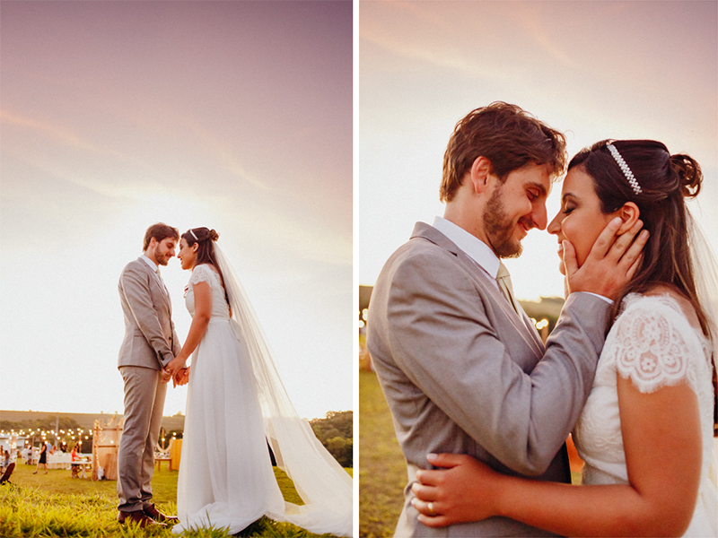 Fotos dos noivos, retrato dos noivos, fotos no pôr do sol, os noivos se casaram de dia num local especial, a cerimônia foi no campo, lindo casamento ao ar livre, Fotos por Moyra e Tiago, fotógrafos de casamento.