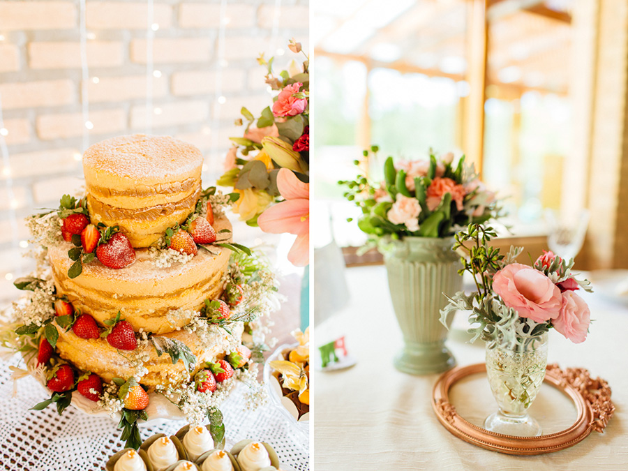 A decoração desse casamento foi pensada com muito carinho. A mesa do bolo nade cake ficou do jeito que eles queriam.