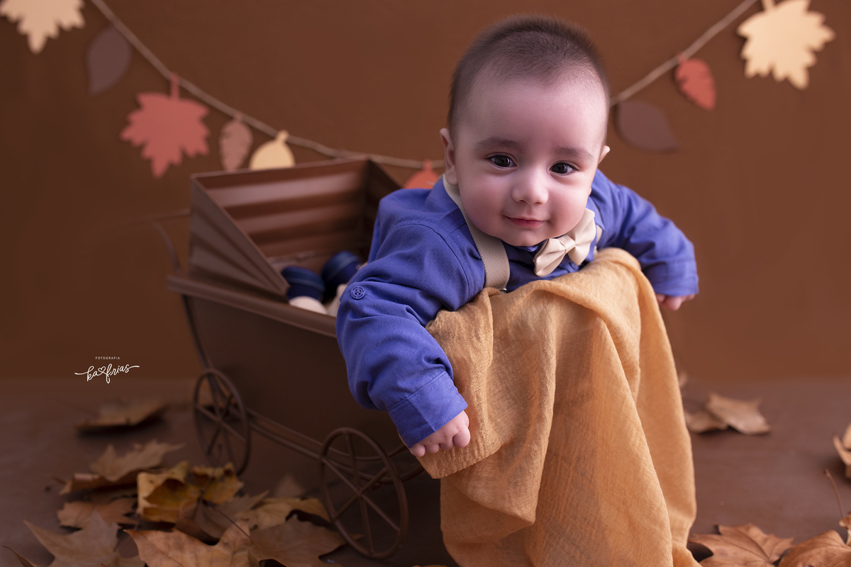 o menino esta no carrinho para as fotos de acompanhamento mensal

