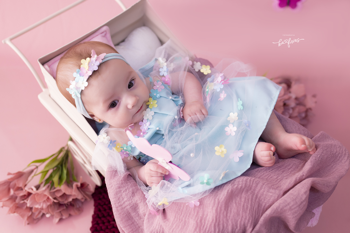 a bebe esta no carrinho para as fotos de acompanhamento mensal