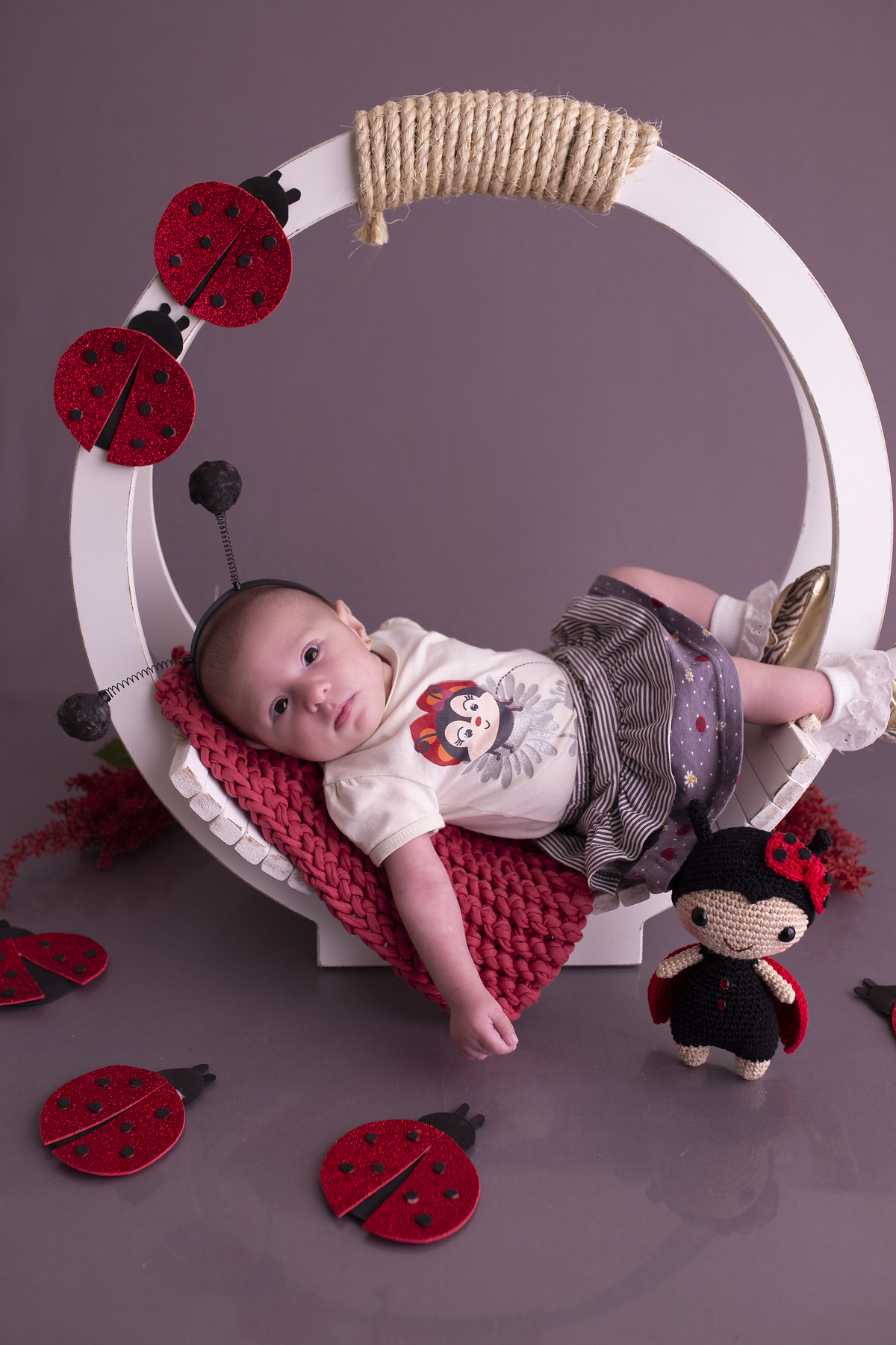 a menina esta vestida de joaninha para as fotos mensais