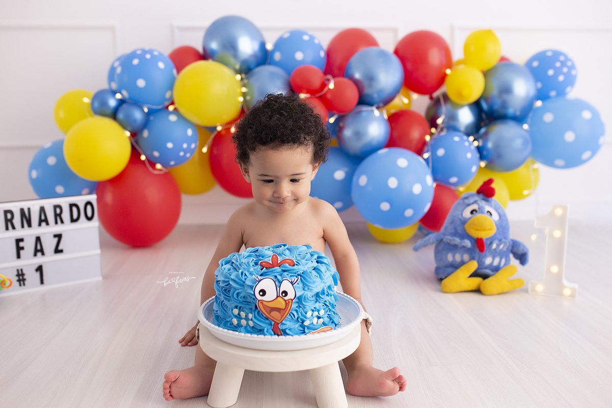 o menino olha para a bolo na sessão de fotos