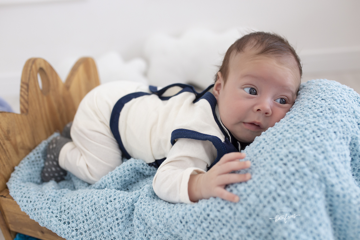 o bebe esta deitado de bruços para as fotos mensais
