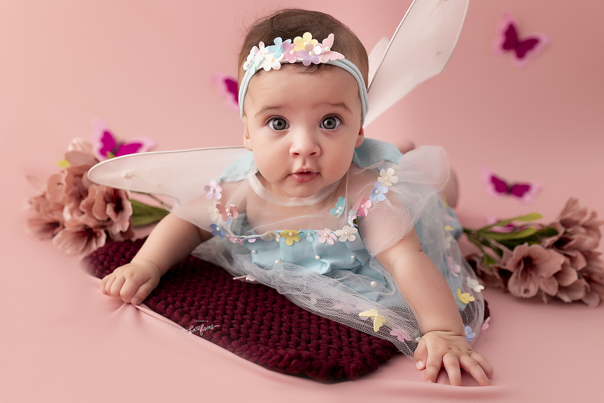 a menina esta vestida de borboleta para as fotos mensais