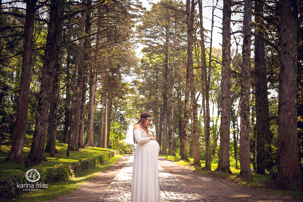 A GESTANTE OLHA A BARRIGA EM SEU ENSAIO EXTERNO