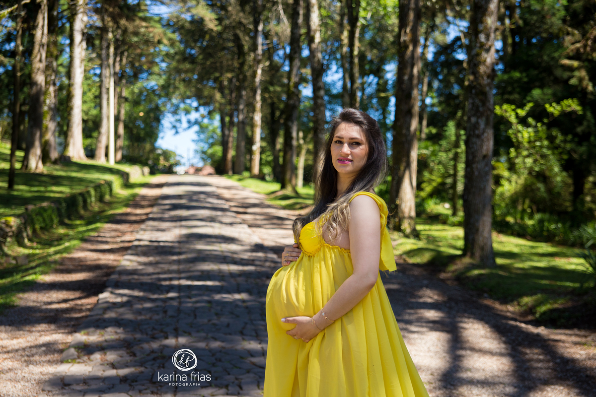 a gestante faz pose para a fotografa de familia karina frias em seu ensaio externo