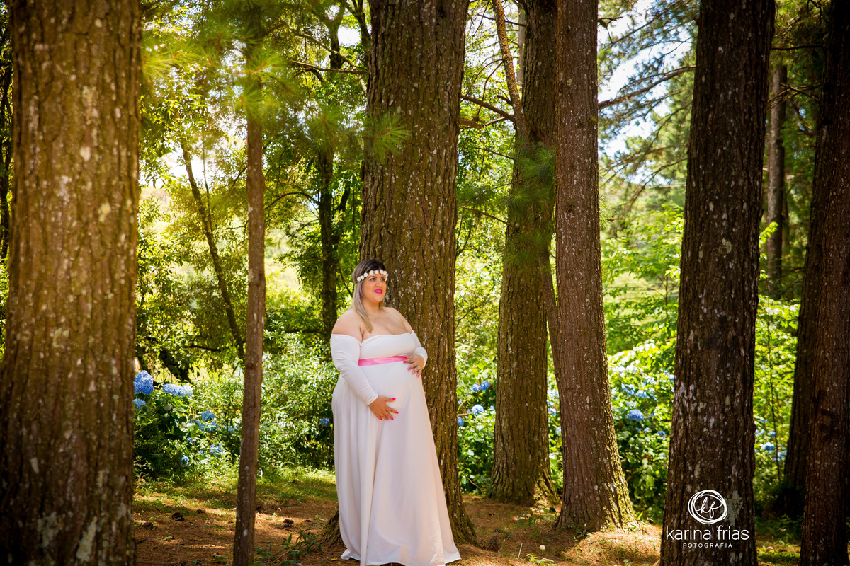 a gestante contempla a paisagem no seu ensaio externo