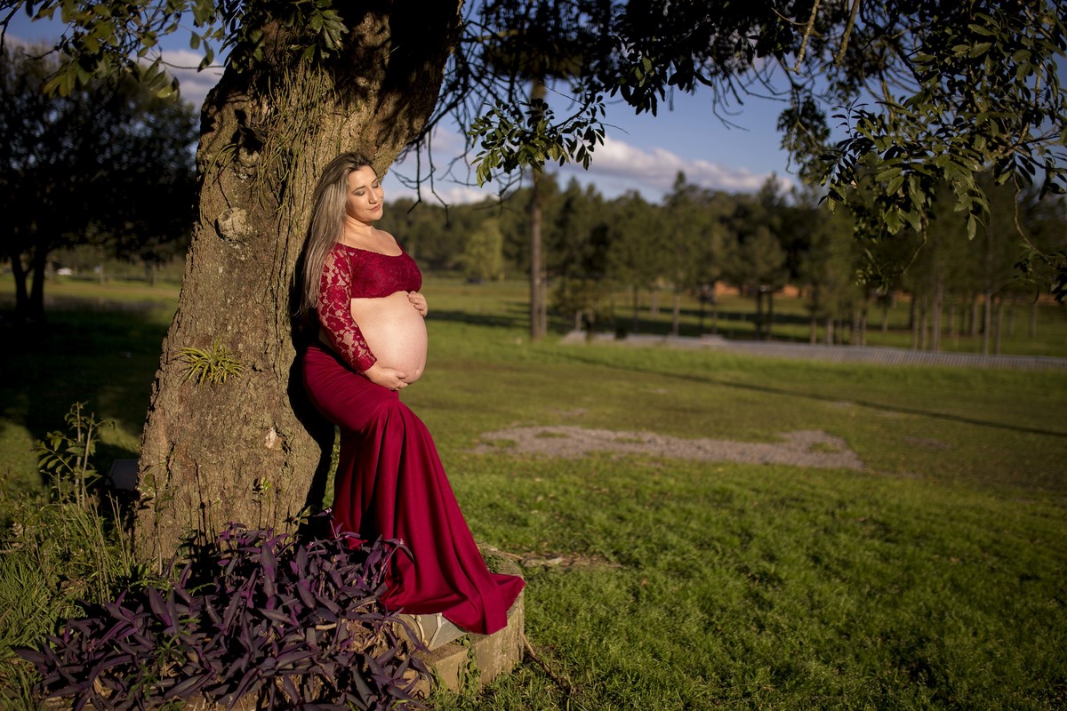 no ensaio de gestante, a modelo se apoia na arvore