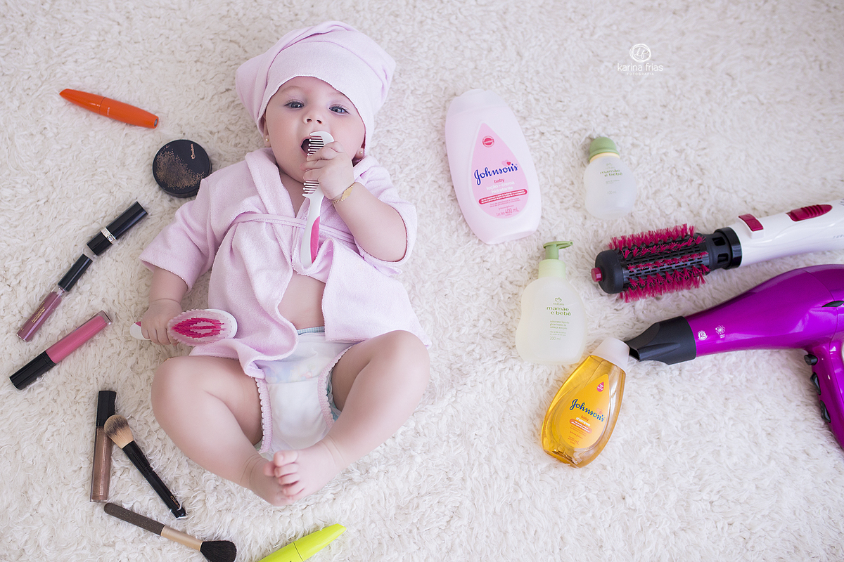 no ensaio de bebes, utilizamos coisas do dia a dia