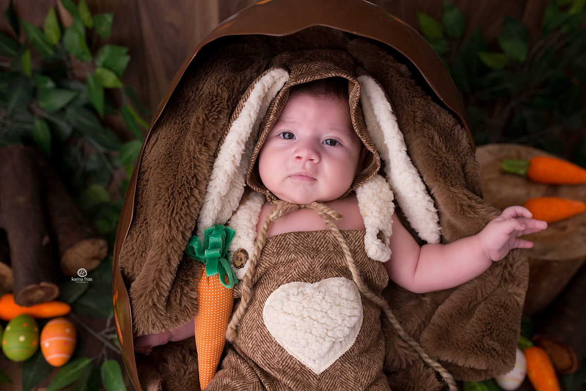 o menino esta dentro do ovo de pascoa para as fotos mensais