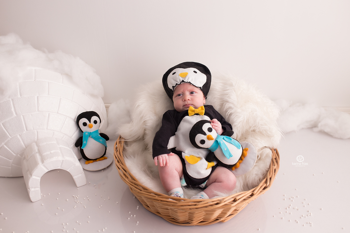 o menino esta vestido de pinguim para as fotos de inverno
