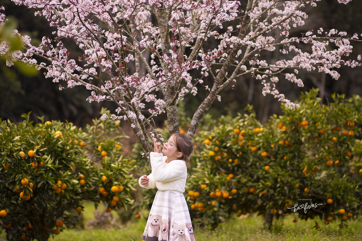 no ensaio infantil a menina cheira as flores