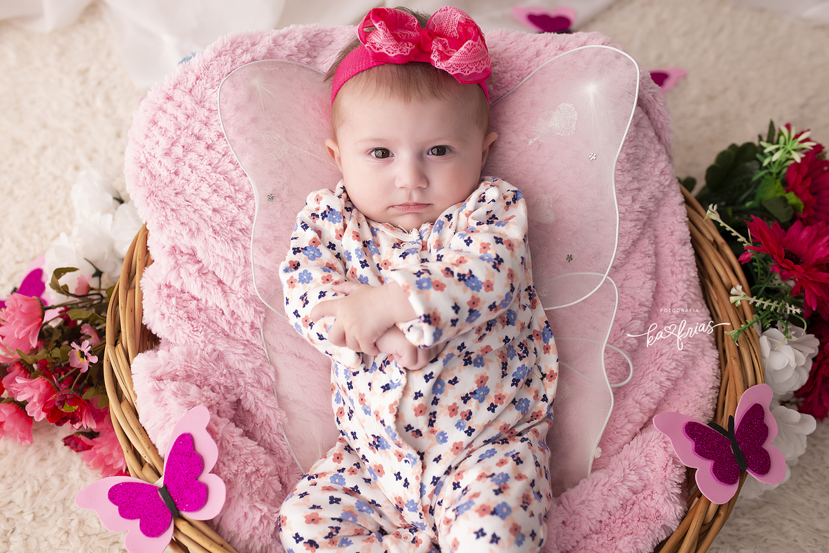 a bebe esta vestida de borboleta para as fotos do acompanhamento mensal