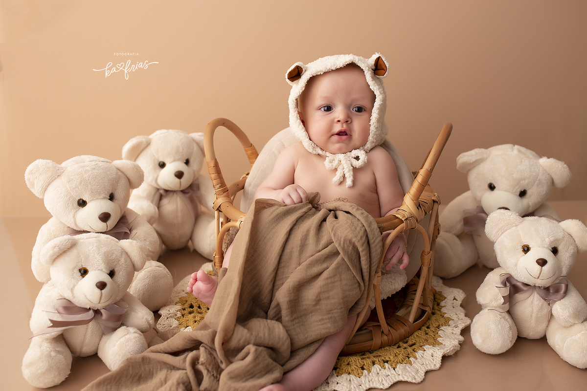 o menino esta vestido de urso para as fotos mensais