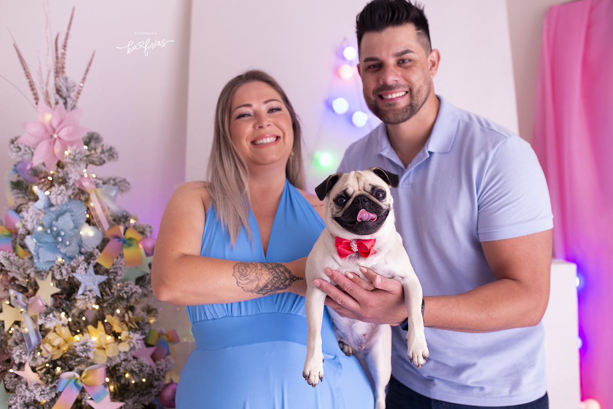 no ensaio de natal o casal segura a pet