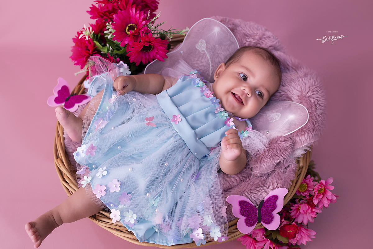a menina esta vestida de borboleta para as fotos mensais
