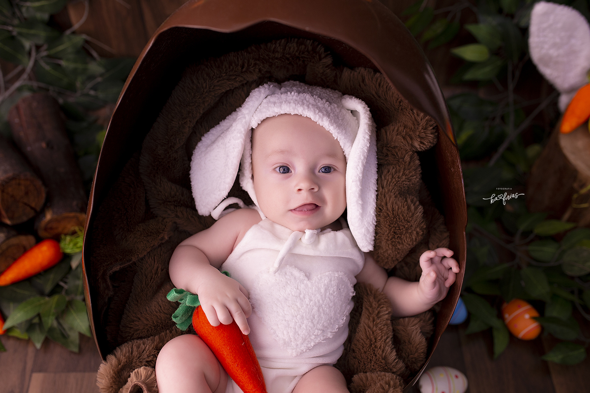 o bebe esta dentro do ovo para as fotos mensais