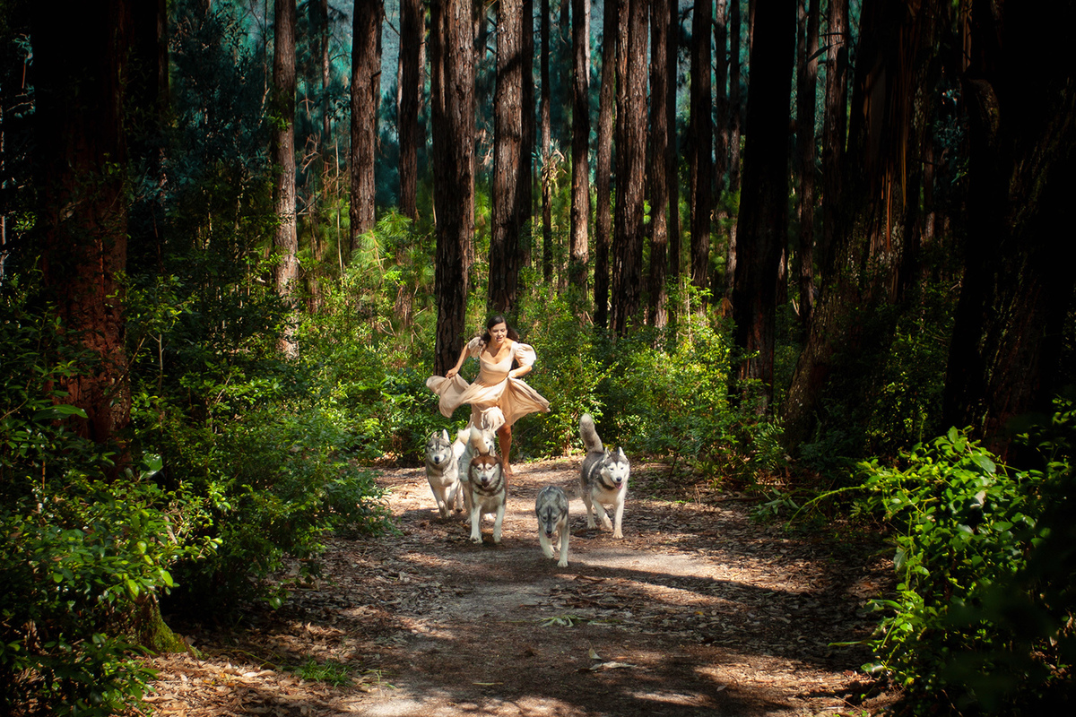 Mulheres que correm com lobos. Ensaio com Husky Siberiano. Realizado na floresta do Moçambique por Ricardo Zanetta