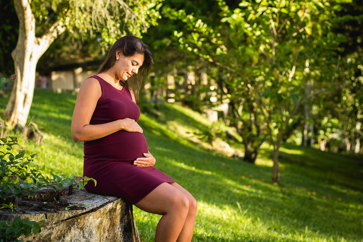 gestante sentada em um tronco de árvore olhando pra barriga