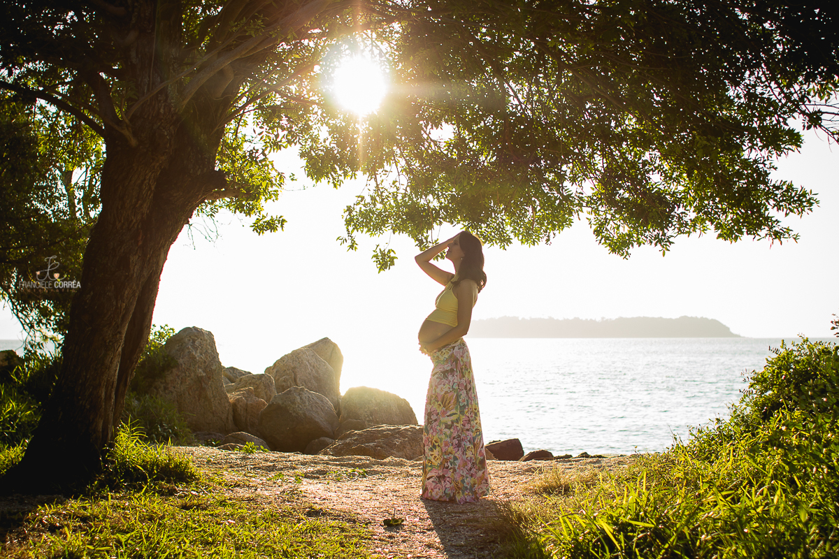Foto da gestante perto de uma árvore entrando uma luz linda do sol
