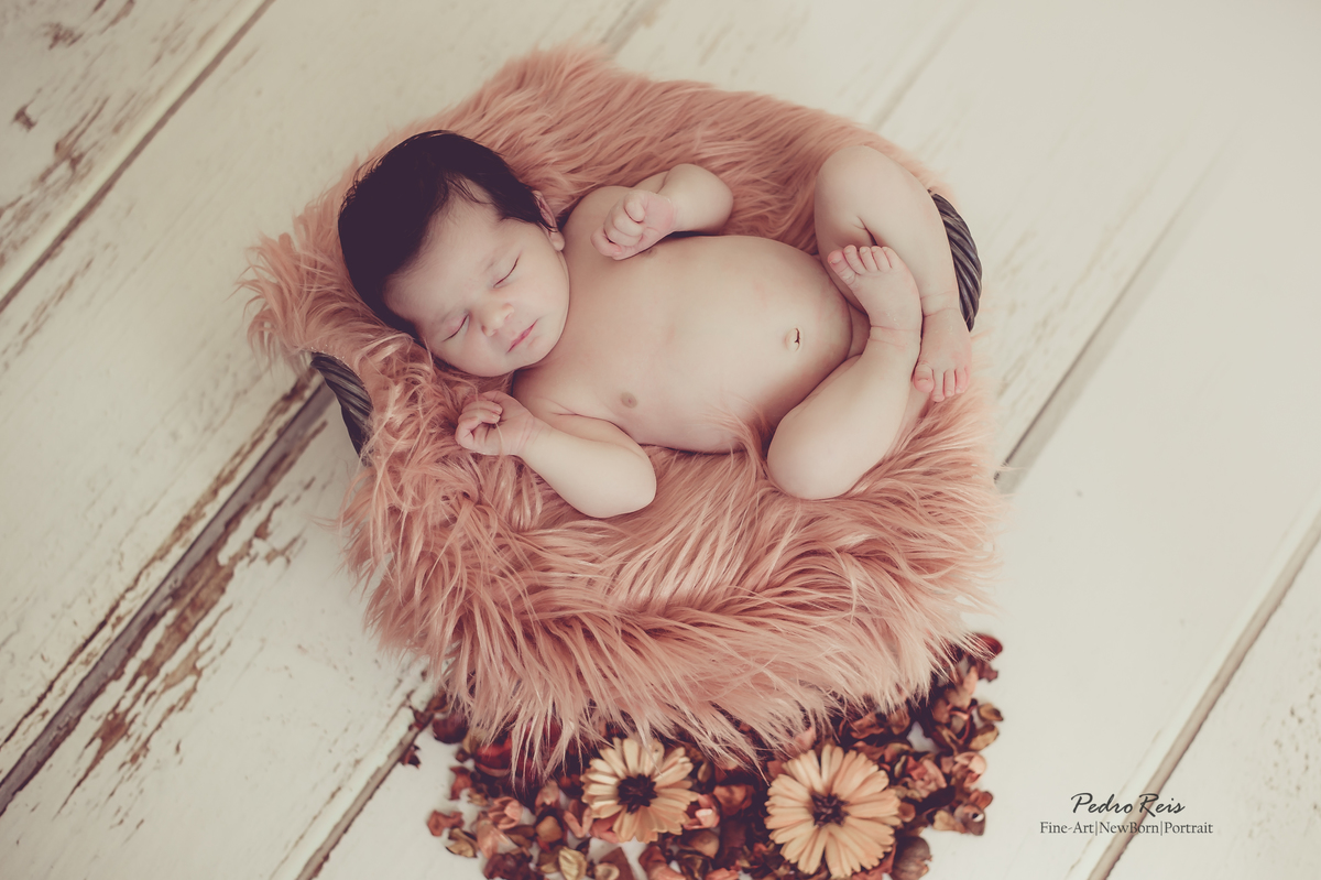 Sessão newborn -Bebé Leonor no cesto  com cenário em tons de salmão