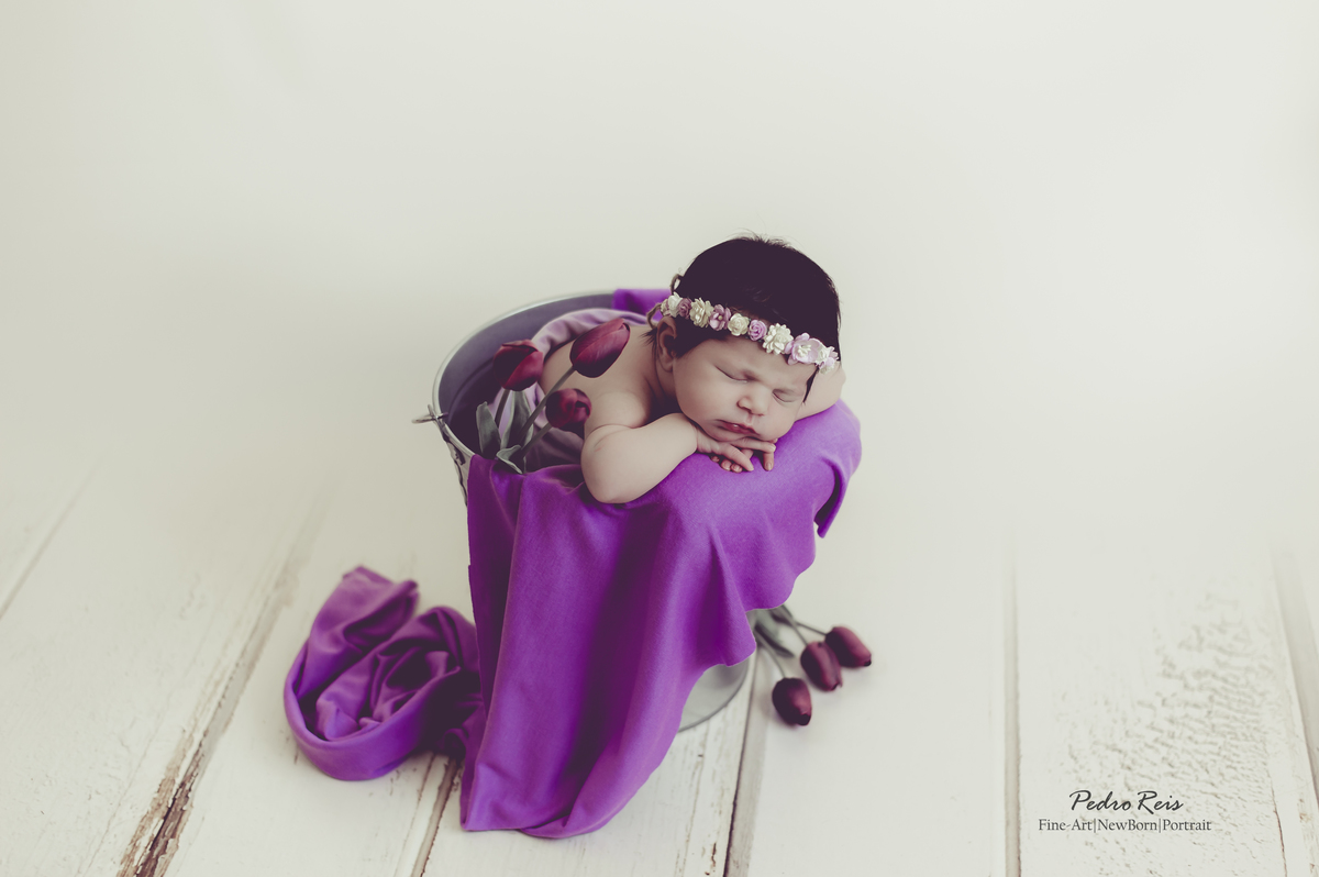 Sessão newborn -Bebé Leonor no balde em tons de lilás