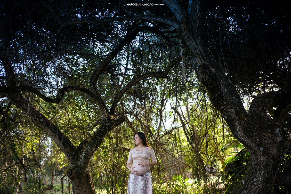 gestante fazendo carinho na barriga entre as arvores em indaiatuba