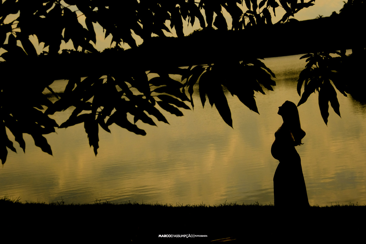 gestante em silhueta com lago e por do sol ao fundo