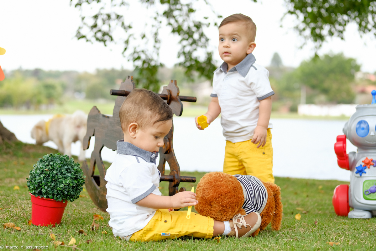 irmaos brincando na grama com seus brinquedos