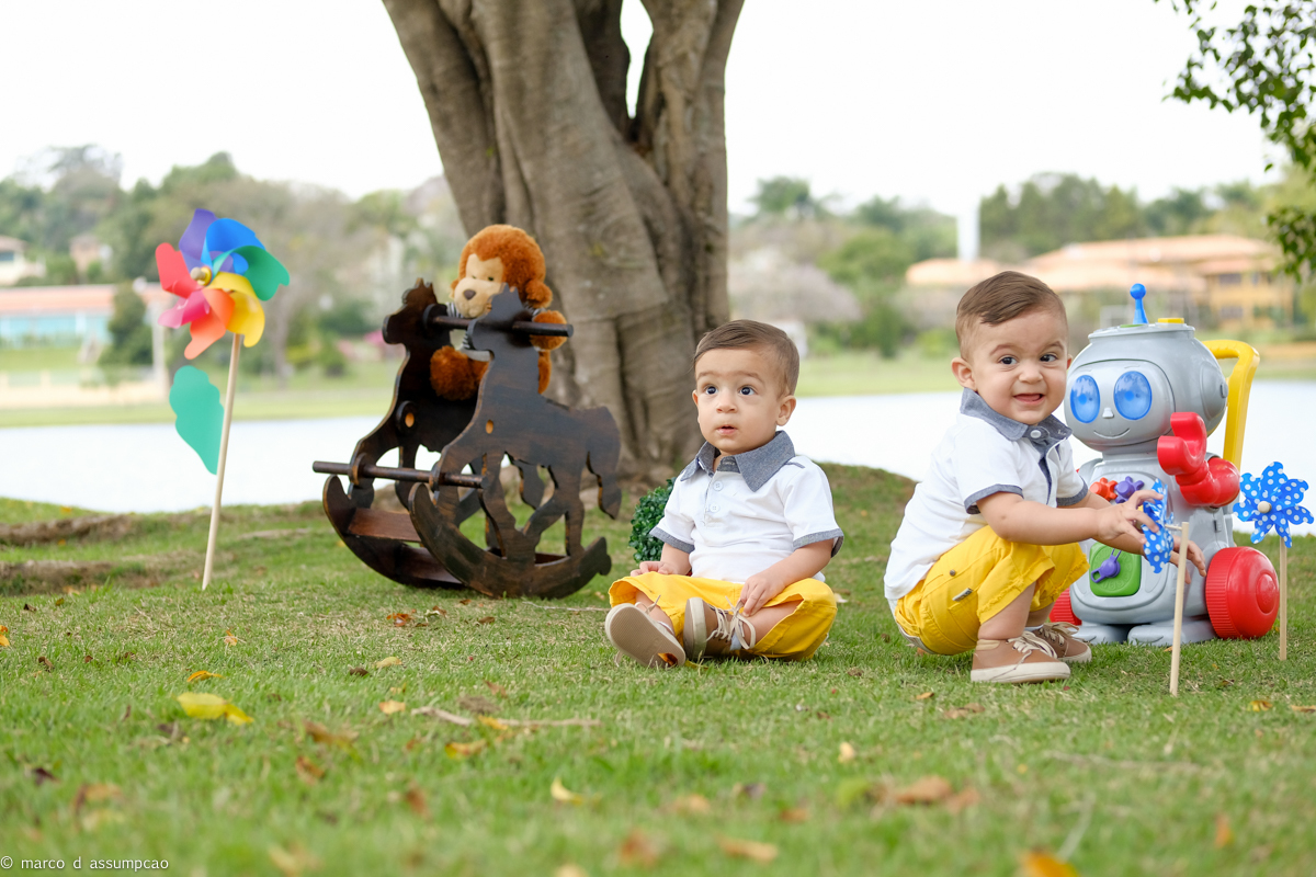 irmaos brincando na grama com seus brinquedos