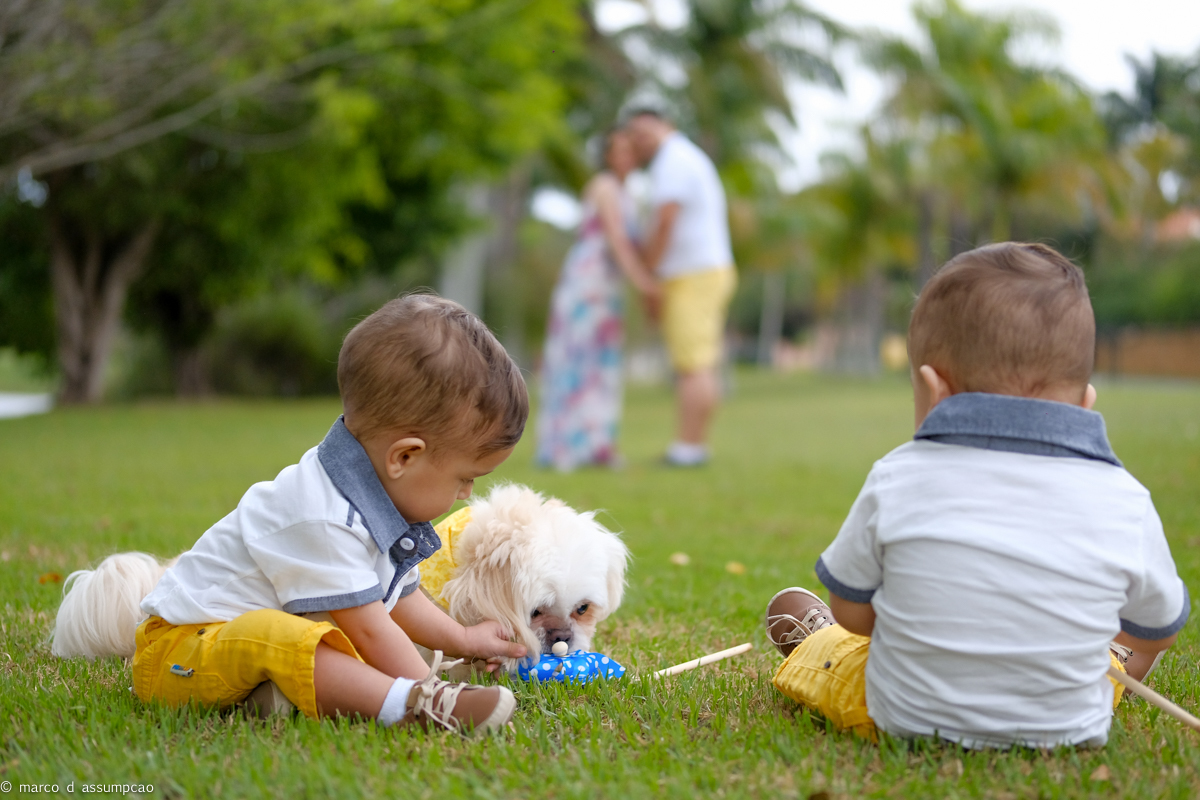 irmaos brincando na grama com seus brinquedos