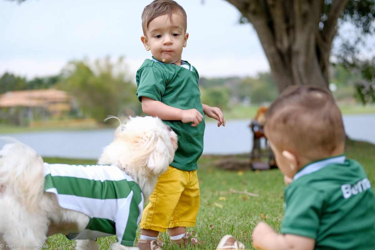 irmaos brincando na grama com seus brinquedos