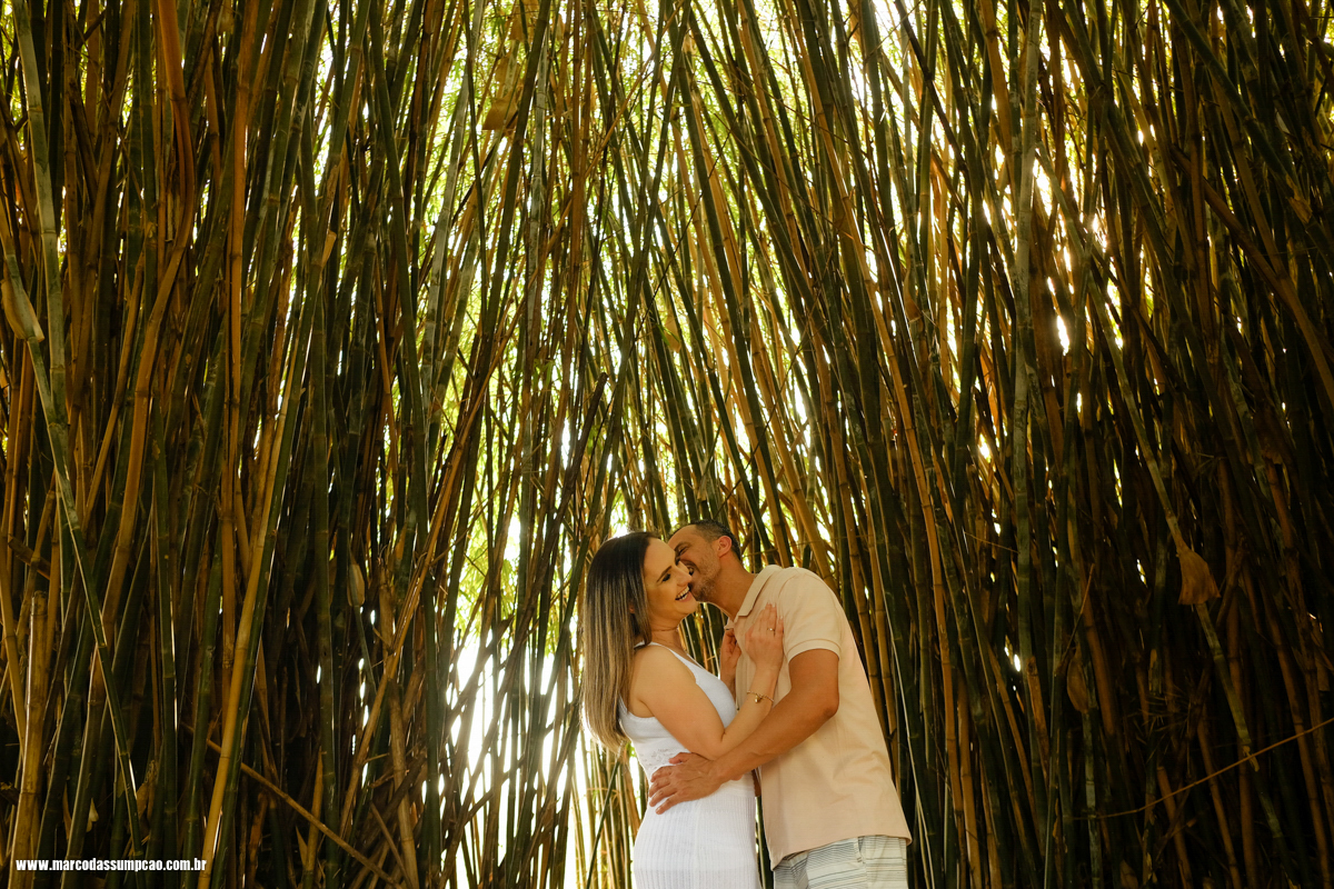 casal se abraçando em meio a bambuzal