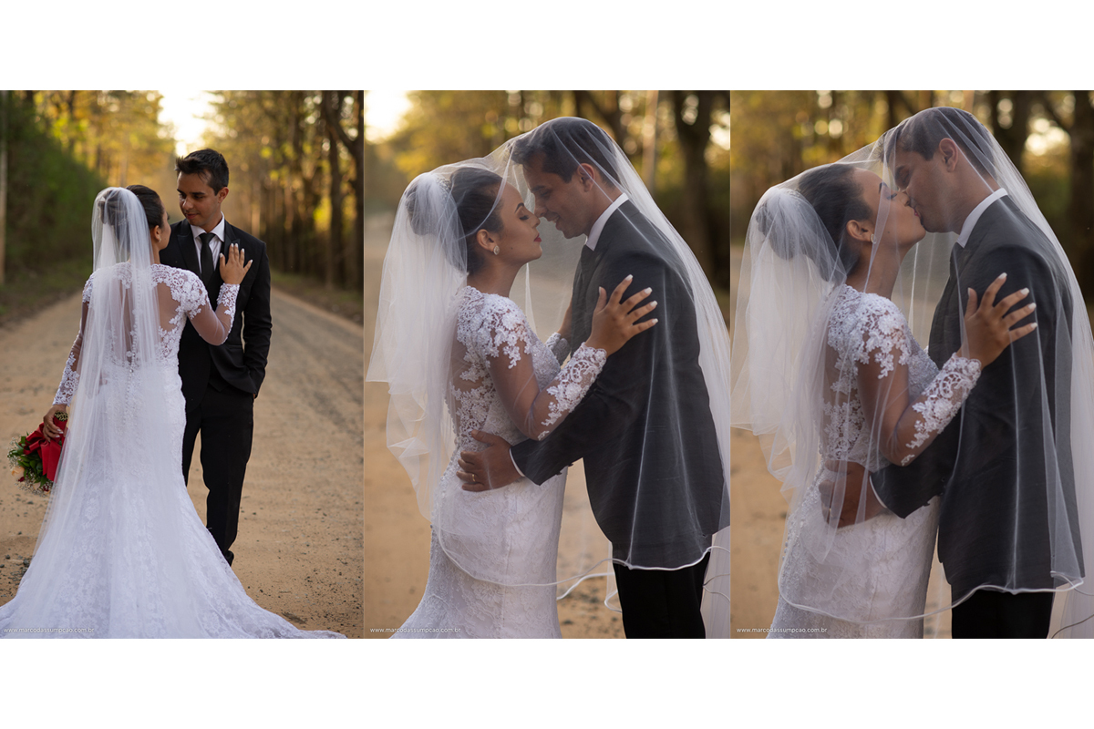 noivos se abracando em rua de terra