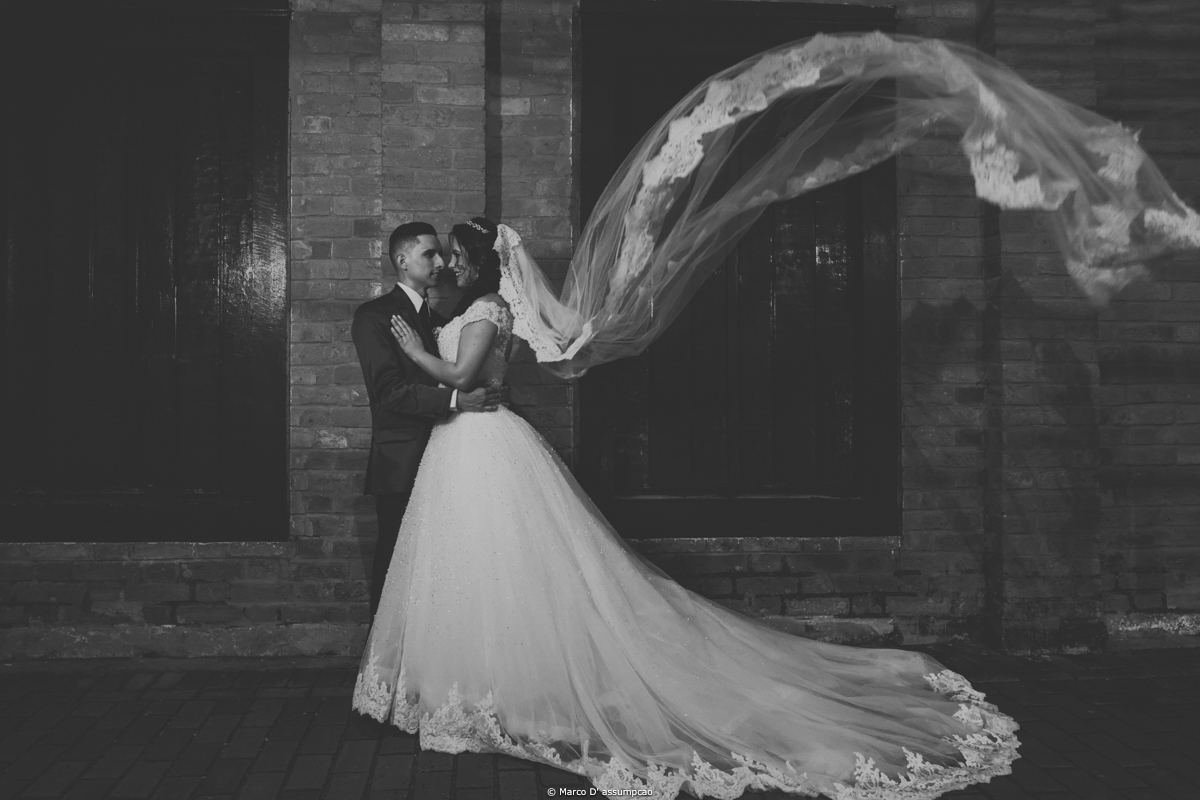 noivos abracados com veu voando