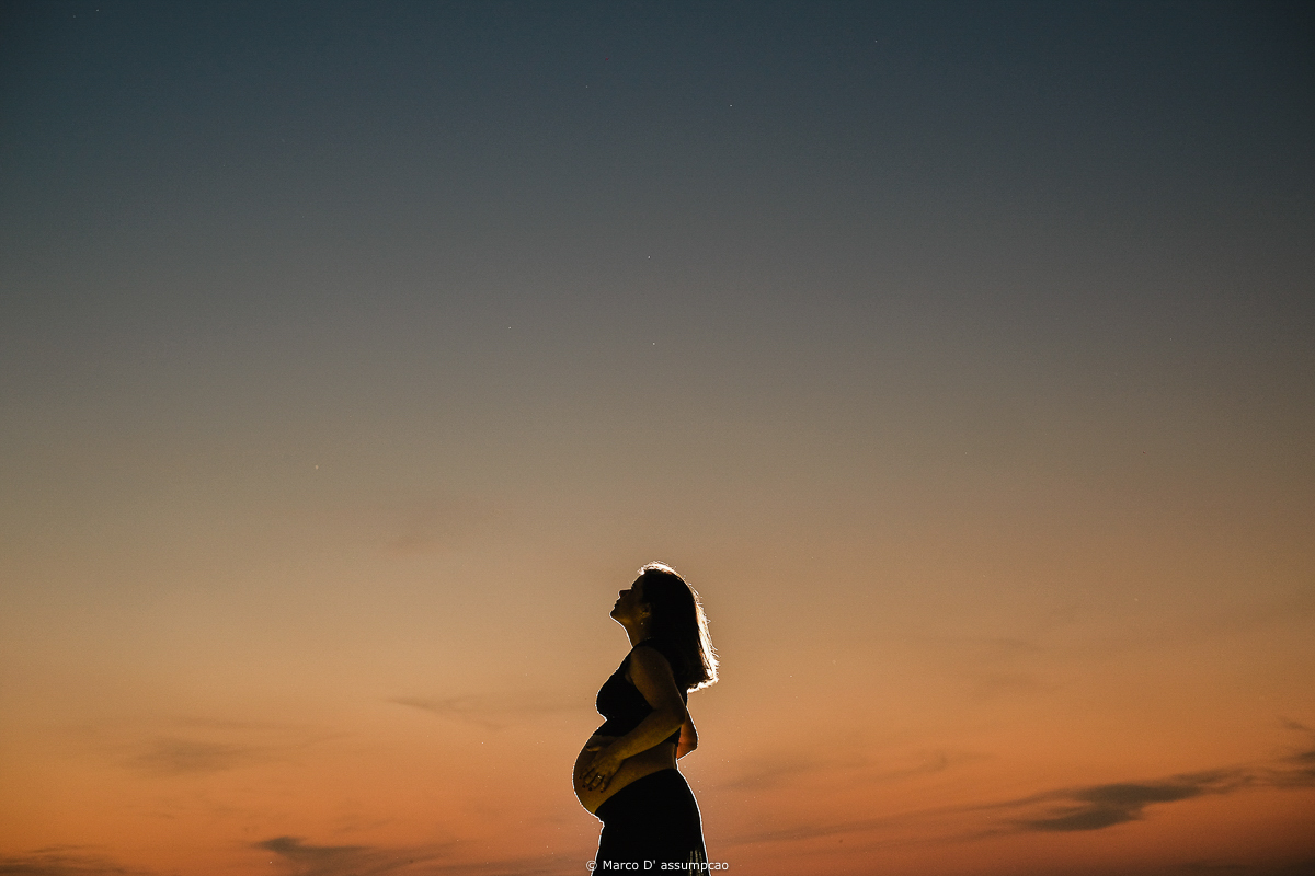 gestante com as maos na barriga com o ceu ao fundo